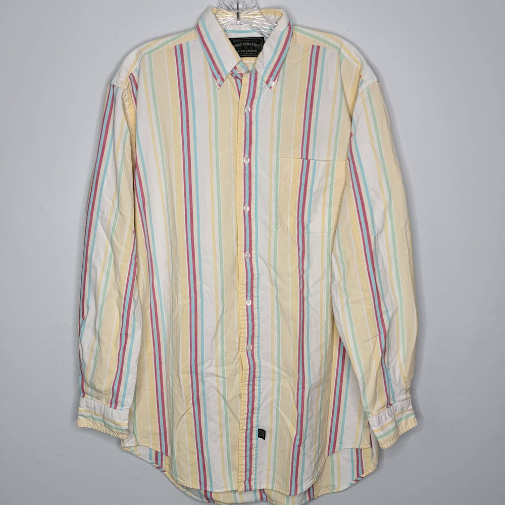 VTG 90s POLO COUNTRY Ralph Lauren Vertical Stripe Pastel Button Up Shirt Medium